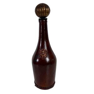 Decorative Leather Wrapped Bottle Decanter Brown Ornate Crest Vintage Home Decor